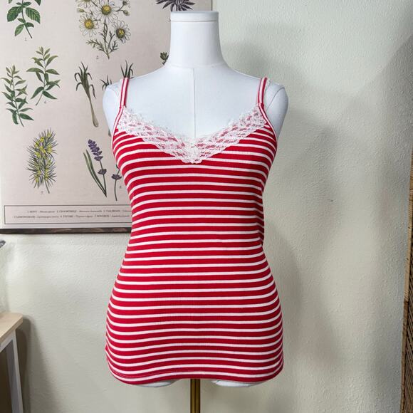 Old Navy Tops - Y2k Red White Striped Lace Ribbed Knit Cami Top Coquette Classic Nautical L
